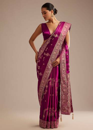 Wine Satin Saree With Zari Woven Work