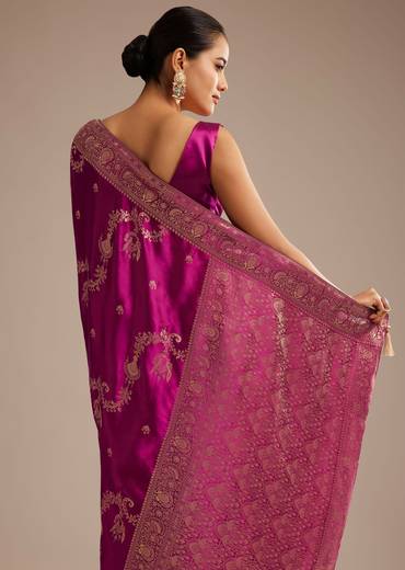 Wine Satin Saree With Zari Woven Work