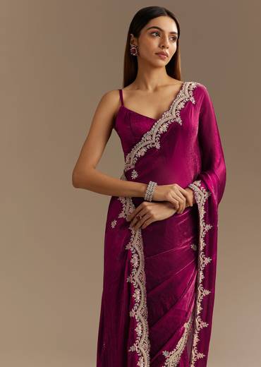 Wine Satin Sequins Saree With Zardosi Cutdana Embroidery And Scallop Border