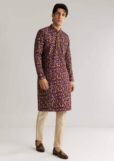 Wine Silk Floral Printed Kurta Set With Cutdana Work