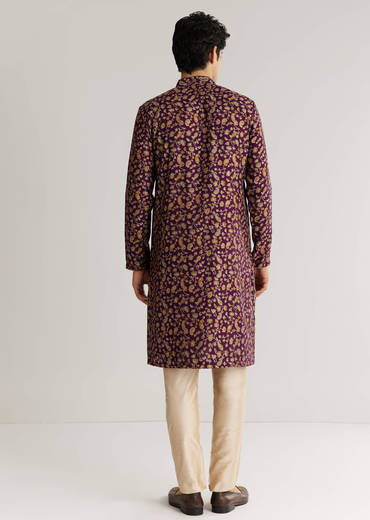 Wine Silk Floral Printed Kurta Set With Cutdana Work