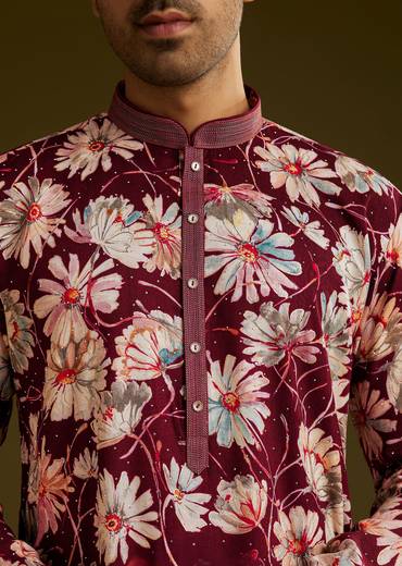 Wine Silk Floral Printed Kurta Set With Stone Work