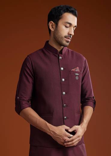 Wine Silk Kurta Jacket Set With Pintucks Detailing