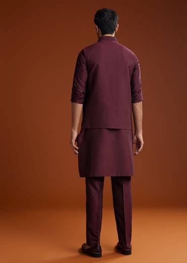 Wine Silk Kurta Jacket Set With Pintucks Detailing