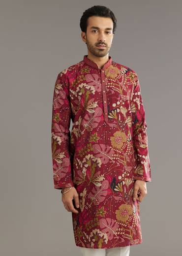 Wine Silk Kurta Set With Stone Embellishment