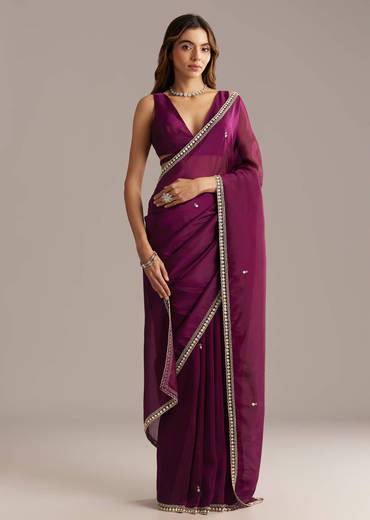 Wine Silk Saree With Stone And Sequin Embroidery