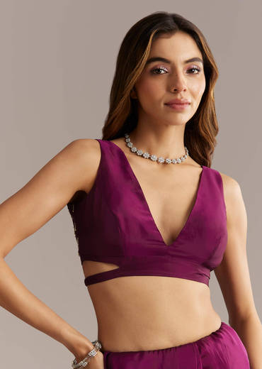 Wine Silk Saree With Stone And Sequin Embroidery