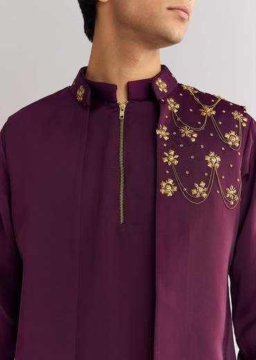 Wine Suiting Jacket Kurta Set With Metal Accents