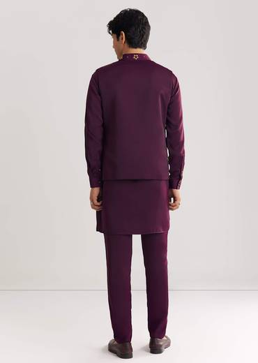 Wine Suiting Jacket Kurta Set With Metal Accents