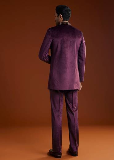 Wine Velvet Jodhpuri Kurta Trouser Set With Zari Embroidery