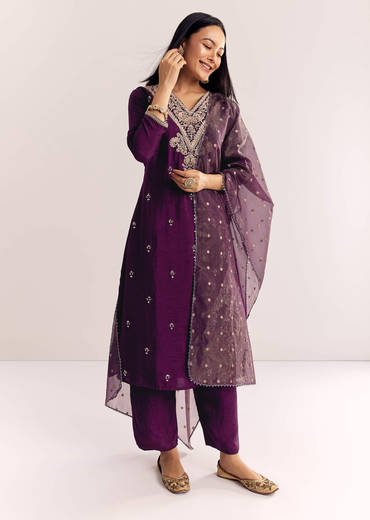 Wine Zardosi Work Dola Silk Kurta Suit With Organza Dupatta