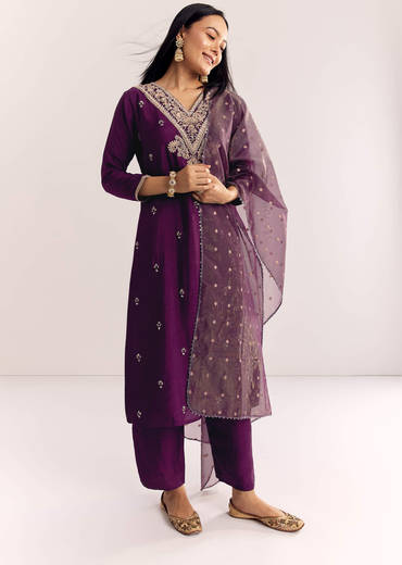 Wine Zardosi Work Dola Silk Kurta Suit With Organza Dupatta