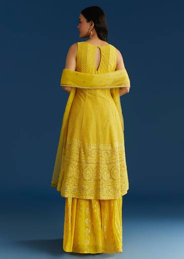 Yellow A Line Georgette Kurta Palazzo Suit