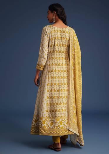 Yellow And Cream Silk Printed Anarkali Set With Chiffon Dupatta