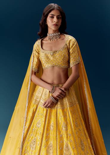 Yellow Banarasi Embroidered Bridal Lehenga With Dupattas