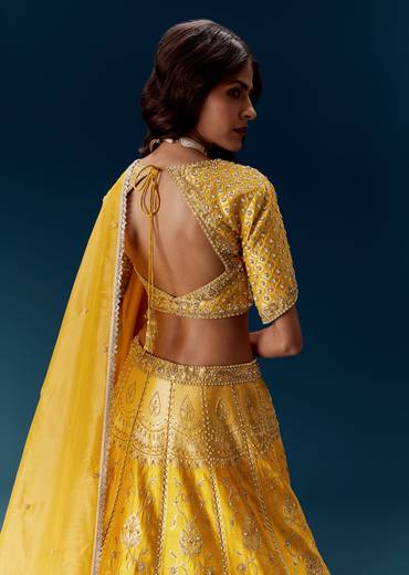 Yellow Banarasi Embroidered Bridal Lehenga With Dupattas
