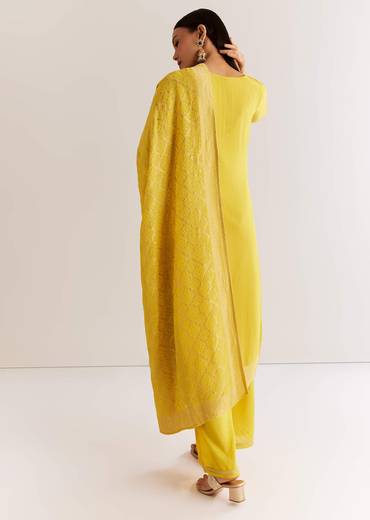 Yellow Banarasi Georgette Kurta Set With Zardosi And Cutdana Work