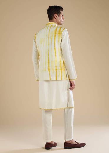 Yellow Banarasi Silk Jacket Kurta Set with Sequin Work