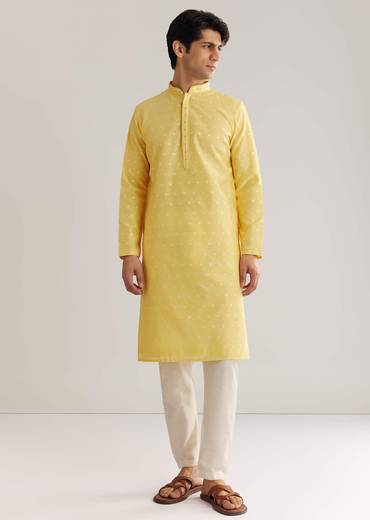 Yellow Banarasi Silk Kurta Set