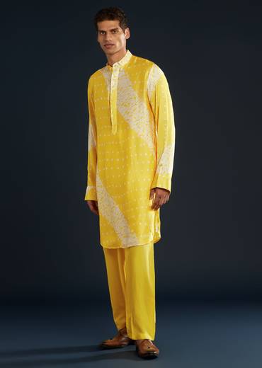Yellow Bandhani and Shibori Print Kurta Set
