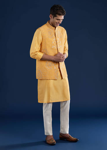 Yellow Chanderi Jacket Kurta Set with Dori Work