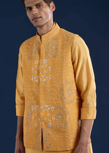 Yellow Chanderi Jacket Kurta Set with Dori Work