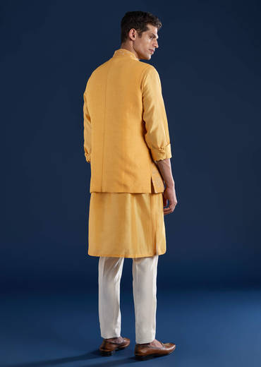 Yellow Chanderi Jacket Kurta Set with Dori Work