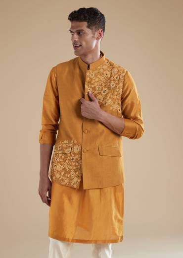 Yellow Chanderi Kurta Jacket Set With Dori Bead Work