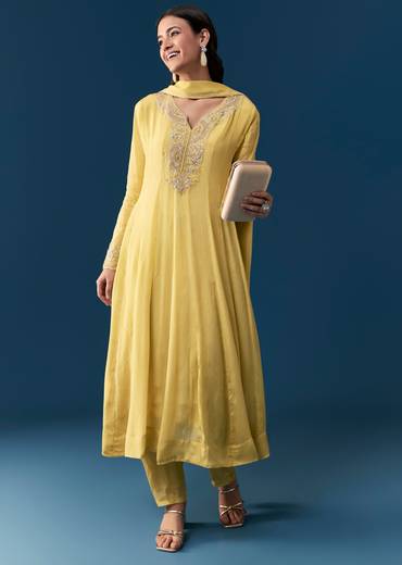 Yellow Chinon Anarkali Set With Moti And Cut Dana Work