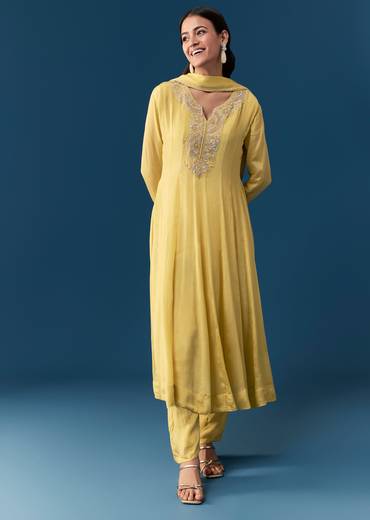 Yellow Chinon Anarkali Set With Moti And Cut Dana Work