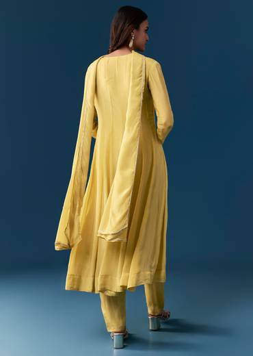 Yellow Chinon Anarkali Set With Moti And Cut Dana Work