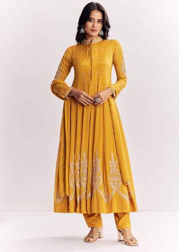 Yellow Chinon Anarkali Suit With Moti Sequins And Cutdana Dupatta