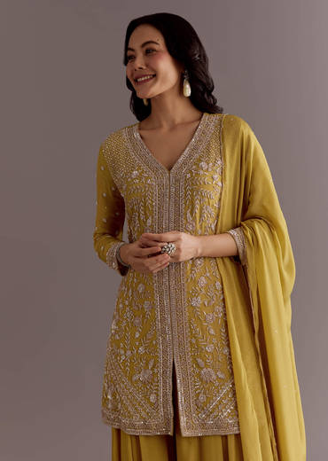 Yellow Chinon Embroidered Kurta Palazzo Suit With Dupatta