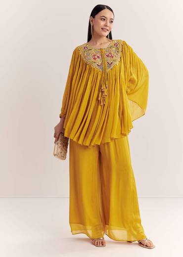 Yellow Chinon Kaftan Kurta Set With Zardosi And Thread Work