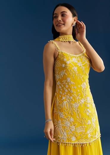 Yellow Chinon Kurta Palazzo Set With Choker Style Dupatta