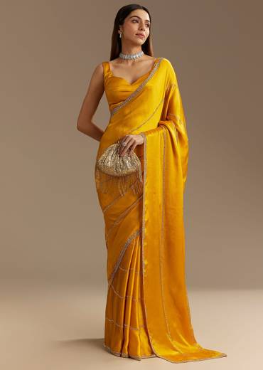 Yellow Chinon Saree With Cutdana Embroidery