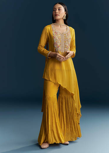 Yellow Chinon Sharara Suit With Zardosi Work