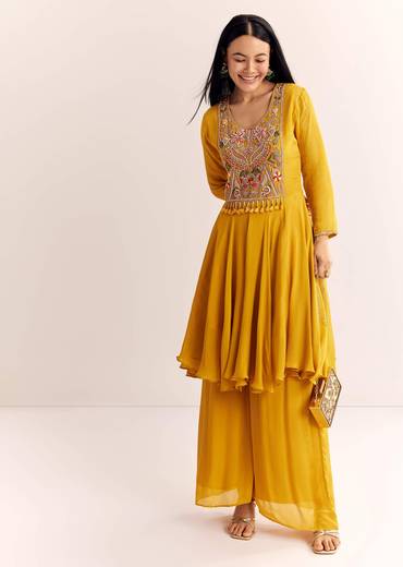 Yellow Chinon Zardosi Kurta Palazzo Suit