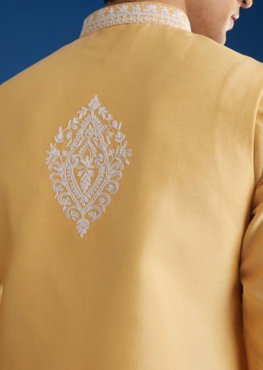 Yellow Cotton Silk Jacket Kurta Set With Threadwork
