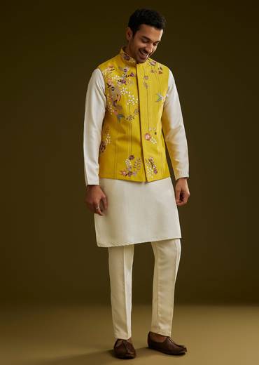 Yellow Cotton Silk Kurta Set With Floral Embroidered Jacket
