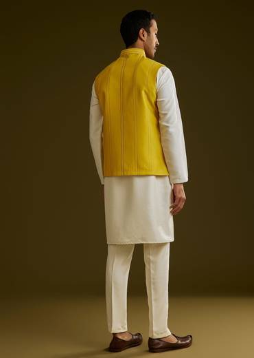 Yellow Cotton Silk Kurta Set With Floral Embroidered Jacket