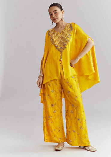 Yellow Crepe Indo Western Set With Heavy Hand Embroidery