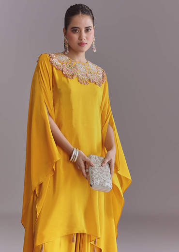 Yellow Crepe Kaftan Top And Drape Skirt Set With Embroidery