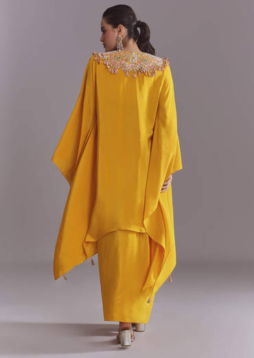 Yellow Crepe Kaftan Top And Drape Skirt Set With Embroidery