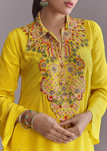 Yellow Crepe Palazzo Suit With Thread And Resham Work
