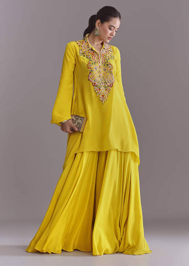 Yellow Crepe Palazzo Suit With Thread And Resham Work