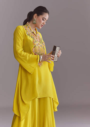 Yellow Crepe Palazzo Suit With Thread And Resham Work