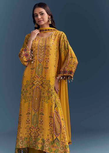 Yellow Crepe Printed Kurta Set With Sequins Work