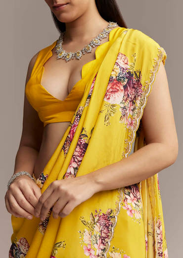 Yellow Crepe Saree With Floral Digital Print And Sequin Embroidery