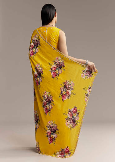 Yellow Crepe Saree With Floral Digital Print And Sequin Embroidery